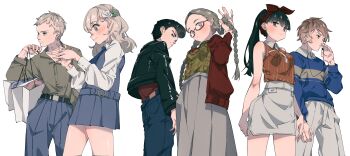 Rule 34 | 3boys, 3girls, amiguchi shuu, bag, belt, black hair, bow hairband, braid, brown hair, cardigan, commentary, earphones, fashion, flower, fuyusaka iori, glasses, green shirt, hair flower, hair ornament, hairband, highres, holding, holding bag, juusan kihei bouei ken, kisaragi tomi, long hair, long sleeves, looking at viewer, multiple boys, multiple girls, ogata nenji, own hands together, pants, pompadour, ponytail, sekigahara ei, semi-rimless eyewear, shiomi (lowrise), shirt, short hair, simple background, skirt, smile, sweater, takamiya yuki, twin braids, very short hair, white background, white hair