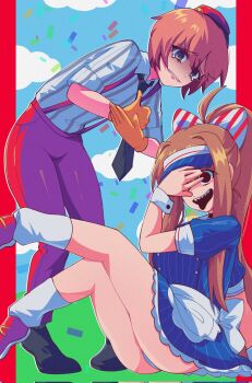 2girls artist_name ass bent_over black_eyes blue_dress blue_eyes blue_hat blue_sky border bow brown_hair cloud collared_shirt commentary confetti corrupted_twitter_file cosplay crazy diagonal-striped_bow doki_doki_literature_club dress dress_shirt empty_eyes english_commentary foot_up gloves grimace hair_bow hand_over_eye hat hatsune_miku hatsune_miku_(cosplay) high_ponytail highres kasane_teto kasane_teto_(cosplay) long_hair maki_(mikmik_140) mesmerizer_(vocaloid) monika_(doki_doki_literature_club) multiple_girls on_ground open_mouth outside_border panties pants pantyshot parted_lips pink_hair ponytail red_border red_bow red_hat red_pants sayori_(doki_doki_literature_club) scared shaded_face sharp_teeth shirt short_hair sidelocks signature sitting sky smile socks standing striped_bow striped_clothes striped_dress striped_shirt suspenders tearing_up teeth tongue tongue_out twitter_username two-tone_bow underwear unhappy utau vertical-striped_clothes vertical-striped_dress vertical-striped_shirt very_long_hair visor_cap vocaloid white_bow white_panties white_shirt white_socks wrist_cuffs yellow_gloves
