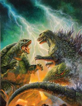 artist_name battle bob_eggleton crossover daiei_film dinosaur electricity epic fire gamera gamera_(series) gamera_2:_attack_of_legion giant giant_monster godzilla godzilla_(series) godzilla_2000:_millennium green_eyes highres kaiju lightning monster signature smoke textless_version toho_(movie_company) turtle tusks variant_set