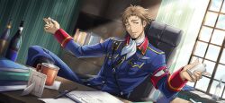 Rule 34 | 1boy, armband, artist request, beard stubble, belt, blue eyes, blue jacket, blue pants, book, bottle, breast pocket, brown hair, buttons, chair, claus warwick, clipboard, code geass, code geass: lost stories, cup, drink, facial hair, game cg, glint, half-closed eyes, hands up, happy, head tilt, hip flask, holding, holding bottle, jacket, leaning back, lens flare, light particles, light rays, long sleeves, looking at viewer, male focus, medal, military uniform, mug, non-web source, office chair, official art, on chair, open mouth, pants, paper, pen, picture frame, pocket, short hair, sitting, smile, solo, steam, stubble, sunlight, swivel chair, table, teeth, uniform, window, wine bottle
