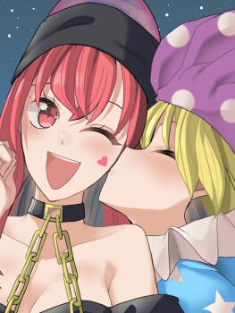2girls 3d bare_shoulders black_choker blonde_hair blue_background blue_shirt blush chain choker closed_eyes closed_mouth clownpiece collarbone crossed_bangs eyelashes gold_chain gradient_background grey_headwear grey_shirt hair_between_eyes hand_up hat heart hecatia_lapislazuli highres jester_cap kiss kissing_cheek long_hair looking_at_another medium_hair multiple_girls neck_ruff off-shoulder_shirt off_shoulder one_eye_closed open_mouth pink_eyes pointy_ears polka_dot purple_headwear red_eyes red_hair sei_(kaien_kien) shirt short_sleeves smile star_(symbol) star_print t-shirt teeth tongue touhou underworld_(ornament) upper_body