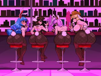 4girls absurdres adjusting_clothes animal_ears aronnecroman ass back barefoot blonde_hair blue_hair blush breasts brown_hair brown_leotard brown_pantyhose choker commentary condom dango eating english_commentary feet food from_behind hat highres holding holding_condom huge_ass inaba_tewi large_breasts leotard looking_back low_twintails multiple_girls orange_hat pantyhose playboy_bunny purple_hair rabbit_ears rabbit_tail red_eyes reisen_udongein_inaba ringo_(touhou) seiran_(touhou) sitting stool strapless strapless_leotard tail touhou twintails wagashi white_choker white_wrist_cuffs wrist_cuffs