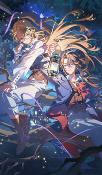 Rule 34 | 2boys, :3, absurdres, arm up, ascot, blonde hair, blood emperor, blue coat, blue eyes, brown hair, brown shoes, brown socks, brown vest, bug, butterfly, buttons, castle, chinese commentary, closed mouth, coat, collared shirt, commission, cross-laced shoes, cuff links, curtained hair, double-breasted, earrings, expressionless, eyewear strap, feet out of frame, floating hair, frilled sleeves, frills, full body, glasses, hand on own knee, hand up, high-waist pants, highres, holding lamp, in tree, insect, jewelry, kerosene lamp, lapels, light particles, long hair, long sleeves, looking at object, lord of the mysteries, lou xiaotiao, low ponytail, male focus, multiple boys, night, notched lapels, open clothes, open coat, outstretched arm, pants, pants rolled up, parted bangs, ponytail, purple ribbon, red ascot, ribbon, second-party source, semi-rimless eyewear, shirt, shoes, sideways glance, sitting, sitting in tree, smile, socks, teardrop earrings, tree, trunsoest (lord of the mysteries), two-sided coat, two-sided fabric, very long hair, vest, wallet chain, watermark, white ascot, white butterfly, white pants, white shirt, yellow eyes