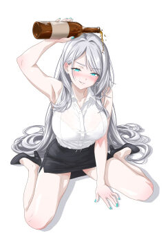 1girl aqua_eyes arazand armpits black_shoes black_skirt blush bottle bra_visible_through_clothes breasts colorized commentary commission drunk ear_piercing english_commentary full-face_blush full_body high_heels highres holding holding_bottle large_breasts long_hair looking_at_viewer nail_polish office_lady open_mouth original piercing pouring shirt shoes simple_background sitting skirt smile solo stiletto_heels very_long_hair wariza white_background white_hair white_shirt