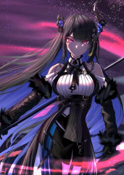 1girl absurdres asymmetrical_horns bare_shoulders black_hair blue_hair breasts clothing_cutout colored_inner_hair crystal_horns demon_horns feather-trimmed_jacket flower gloves hair_ornament highres hololive hololive_english horn_flower horns large_breasts long_hair looking_at_viewer mole mole_under_eye multicolored_hair nerissa_ravencroft nerissa_ravencroft_(1st_costume) red_eyes ribbed_shirt shirt shoulder_cutout solo space star_(sky) tassel tassel_hair_ornament two-tone_hair uneven_horns very_long_hair virtual_youtuber zolomon_(jarvis_lin)