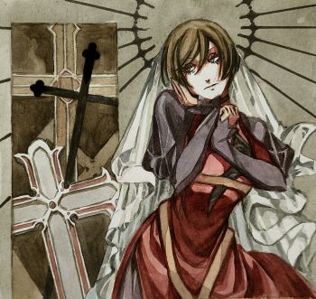 1girl black_choker black_halo bridal_veil brown_eyes brown_hair choker commentary cross dark_halo dress evillious_nendaiki expressionless gouache_(medium) grey_background grey_sleeves halo hand_on_own_face highres looking_to_the_side meiko_(vocaloid) meta28050 meta_salmhofer muted_color painting_(medium) red_dress short_hair solo spiked_halo symbol-only_commentary traditional_media veil vocaloid watercolor_(medium) white_veil