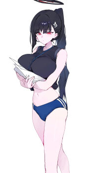 1girl absurdres alternate_costume bare_arms bare_legs black_hair black_shirt blue_archive blue_buruma blunt_bangs breasts buruma dokshuri feet_out_of_frame halo highres huge_breasts hugging_object lanyard long_hair navel paper ponytail red_eyes ringed_eyes rio_(blue_archive) shirt simple_background single_sidelock sleeves_rolled_up solo stomach very_long_hair white_background