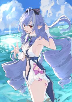 1girl ahoge animal_print bare_shoulders blue_gemstone blue_sky bow bowtie breasts butterfly_print clothing_cutout cloud cloudy_sky commentary_request cowboy_shot drill_hair drill_sidelocks frilled_one-piece_swimsuit frilled_wrist_cuffs frills from_side gem hair_bow hand_in_own_hair heart_cutout highres horizon in_water kei201107 long_hair looking_at_viewer medium_breasts mole mole_under_eye navel ocean official_alternate_costume one-piece_swimsuit open_mouth pink_bow pointy_ears purple_bow purple_bowtie purple_hair sideboob_cutout sidelocks sky solo stomach_cutout swimsuit two-tone_one-piece_swimsuit vivian_banshee vivian_banshee_(iris_of_the_shore) wading waving white_one-piece_swimsuit wrist_cuffs zenless_zone_zero
