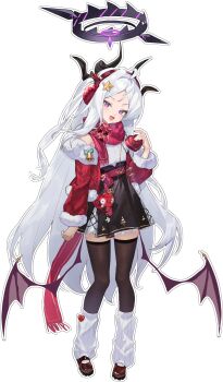 1girl :d absurdres ahoge alternate_costume apple bag black_skirt black_thighhighs blue_archive box demon_girl demon_horns demon_wings food fruit full_body fur_trim hair_ornament hairclip halo heart-shaped_box high-waist_skirt highres hina_(blue_archive) holding holding_food horns jacket leg_warmers long_hair long_sleeves looking_at_viewer loose_socks low_wings multiple_horns open_mouth parted_bangs pink_eyes purple_eyes red_scarf scarf shirt shoes shoulder_bag simple_background skirt smile socks solo standing super_h2o thighhighs two_side_up very_long_hair white_background white_hair white_shirt wings