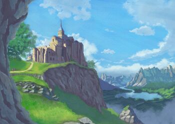 absurdres blue_sky building castle cliff cloud commentary_request day highres lake landscape mountain no_humans original outdoors path rabo_drawing river road scenery sky