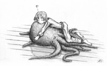 1girl angry artist_request barefoot copyright_request female_focus fuzzy greyscale happy heart lying monochrome octopus pajamas photoshop_(medium) sketch smile solo tentacles