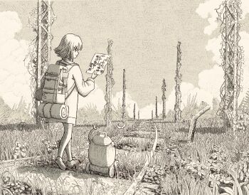 1girl axe backpack bag bedroll cloud grass greyscale hair_ornament hairclip hatchet_(axe) hatching_(texture) highres holding holding_map landscape map monochrome nigirizusi1 non-humanoid_robot original outdoors plant post-apocalypse railroad_tracks robot scenery shoes sky smile traditional_media vines walking