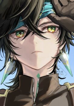 1boy arm_up black_gloves black_hair black_shirt blue_background closed_mouth collared_shirt commentary_request crossed_bangs diamond-shaped_pupils diamond_(shape) earrings eyelashes frown genshin_impact gloves green_headband headband highres jewelry kinich_(genshin_impact) male_focus multicolored_eyes necoco112061 piercing portrait shirt sideways_glance solo symbol-shaped_pupils watermark