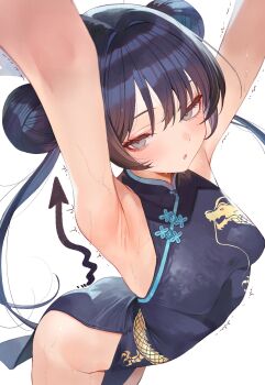 Rule 34 | 1girl, absurdres, arched back, armpits, arms up, black dress, black hair, blue archive, breasts, china dress, chinese clothes, double bun, dragon print, dress, grey eyes, hair bun, hair ornament, highres, kisaki (blue archive), long hair, looking at viewer, open mouth, print dress, sleeveless, sleeveless dress, small breasts, suujiniku, sweat, trembling, twintails, white background