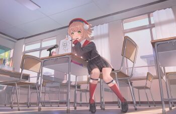 1girl beret blonde_hair blush classroom cost_(kftf4582) desk drawing_(action) green_eyes grey_jacket grey_skirt hat indie_virtual_youtuber jacket microphone notebook pen pom_pom_(clothes) red_socks shigure_ui_(vtuber) short_hair skirt socks solo thighs virtual_youtuber