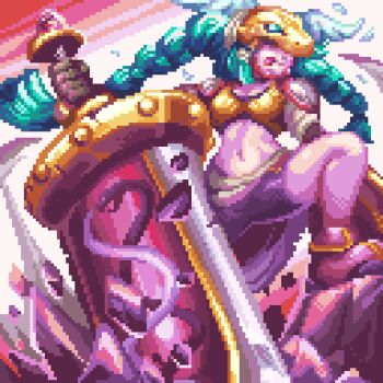 alice_studios braid digimon digimon_(creature) highres long_hair mask minervamon pixel_art sword weapon wings