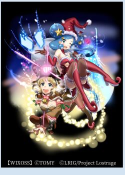 2girls andou_shuki animal_costume black_thighhighs blonde_hair blue_eyes blue_hair boots breasts cleavage copyright_notice double_bun dress fur-trimmed_dress fur-trimmed_gloves fur-trimmed_headwear fur_trim gloves green_eyes hair_bun hair_ornament hat highres holding holding_sack large_breasts looking_at_viewer medium_hair milulun_(wixoss) multiple_girls official_art one_eye_closed red_boots red_dress red_gloves red_hat reindeer_costume sack santa_costume santa_hat small_breasts smile solo star_(symbol) star_hair_ornament teeth thighhighs upper_teeth_only wixoss