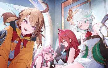 4girls absurdres ahoge animal_ears brown_hair cat_ears cat_girl cecilia_immergreen cecilia_immergreen_(1st_costume) closed_eyes closed_mouth doll_joints dougi dress elizabeth_rose_bloodflame elizabeth_rose_bloodflame_(1st_costume) goggles goggles_on_head green_eyes green_streaks grey_hair highres holojustice hololive hololive_english joints looking_at_viewer medium_hair multicolored_hair multiple_girls one_eye_closed open_mouth orange_shrug pink_hair raora_panthera raora_panthera_(1st_costume) sharp_teeth shrug_(clothing) smile teeth two-tone_hair two_side_up virtual_youtuber white_dress winding_key yoellim5