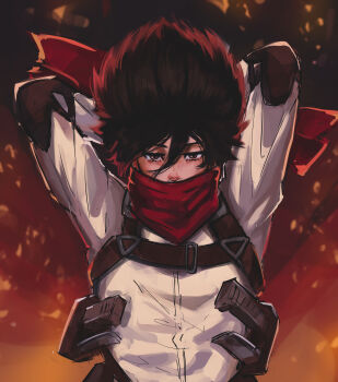 1girl absurdres arms_behind_head black_hair brown_eyes chest_harness commentary double-parted_bangs embers english_commentary hair_between_eyes harness highres looking_at_viewer mikasa_ackerman red_scarf scarf shingeki_no_kyojin shirt short_hair solo straight-on three-dimensional_maneuver_gear titanartx upper_body white_shirt