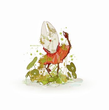 1girl arthropod_girl artist_name black_eyes check_commentary chinese_commentary cloak clover commentary_request film_grain foliage full_body halftone halftone_background highres hightguy hollow_knight hornet_(hollow_knight) horns leaf plant red_cloak simple_background solo standing white_background