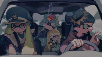 +_+ 4girls agent_3_(splatoon) agent_3_(splatoon_3) blue_hat braid callie_(splatoon) captain_3_(splatoon) car_interior charm_(object) closed_eyes dr_mice driving ear_piercing fang hat highres inkling inkling_girl inkling_player_character jacket long_hair marie_(splatoon) mole mole_under_eye motor_vehicle multiple_girls nintendo open_mouth patchwork_clothes piercing pointing pointy_ears salmonid short_hair side_braid sleeping sleeping_on_person sleeping_upright slice_of_life smallfry_(splatoon) splatoon_(series) steering_wheel tentacle_hair