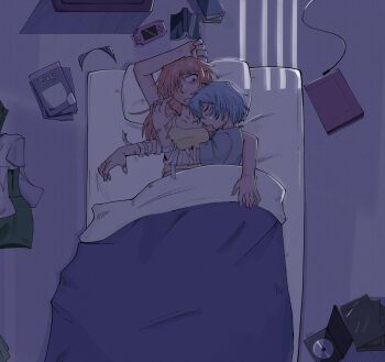 2girls absurdres ayanami_rei bandages bed blanket blue_eyes blue_hair blue_shirt blush book brown_hair camisole clothes_on_floor collarbone computer cuddling dvd_(object) dvd_case handheld_game_console highres interface_headset_(evangelion) jwrry01 laptop multiple_girls neon_genesis_evangelion night on_bed playstation_portable shirt sleeping souryuu_asuka_langley tank_top under_covers yellow_camisole yellow_tank_top yuri
