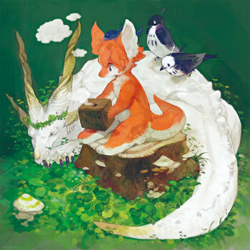 1other animal bird black_eyes blue_bird body_fur commentary_request dragon full_body furry green_background highres horns mushroom nagabe on_tree_stump original outdoors red_fur sitting solo tail tree_stump