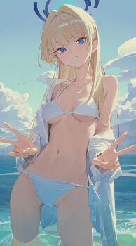 1girl alternate_costume bikini blonde_hair blue_archive blue_eyes blue_halo blue_sky breasts cloud commentary double_v halo halterneck highres jacket long_hair looking_at_viewer medium_breasts modare navel ocean open_clothes open_jacket outdoors parted_lips partially_submerged shirt side-tie_bikini_bottom single_bare_shoulder single_off_shoulder sky smile solo standing stomach string_bikini summer swimsuit thighs toki_(blue_archive) v very_long_hair white_bikini white_jacket white_shirt