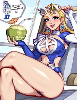 1boy 1girl belly blonde_hair blue_eyes blue_one-piece_swimsuit blush blushyspicy breasts commentary english_commentary fantastic_four highres large_breasts lipstick long_hair looking_at_viewer makeup marvel marvel_rivals one-piece_swimsuit red_lips reed_richards sky smile sue_storm sue_storm_(azure_shade) sunglasses swimsuit thighs unworn_eyewear