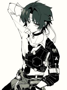 Rule 34 | 1boy, ahoge, arm behind head, arm up, armor, asaba harumasa, black choker, black gloves, black hair, black necktie, choker, closed mouth, clothes around waist, collarbone, commentary request, earrings, gloves, greyscale, half gloves, headband, highres, jewelry, looking at viewer, male focus, monochrome, necktie, parted bangs, pendant choker, shirt, short hair, shoulder armor, simple background, solo, upper body, white background, white shirt, zenless zone zero, zyanomiz