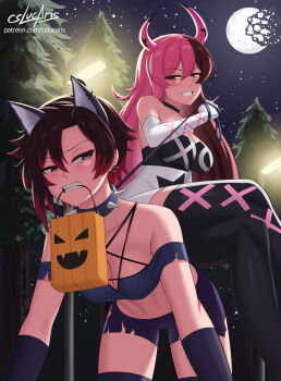 2girls animal_ears artist_name blush breasts brown_hair choker collar commentary cosplay cslucaris elbow_gloves english_commentary gloves grey_eyes hair_between_eyes halloween highres horns lamppost leash long_hair medium_breasts moon multicolored_hair multiple_girls navel neopolitan_(rwby) night outdoors patreon_username pink_eyes pink_hair red_hair ruby_rose rwby short_hair shorts sitting sitting_on_person spiked_collar spikes star_(sky) teeth thighhighs tree two-tone_hair verosika_mayday_(cosplay) watermark