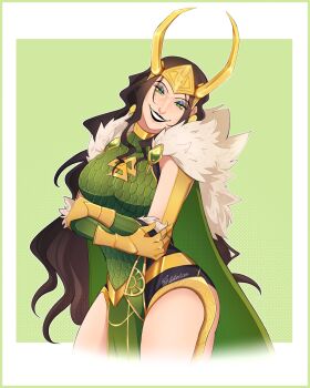 1girl absurdres artist_name black_hair breasts commentary crossed_arms dress english_commentary genderswap genderswap_(mtf) green_dress green_eyes grin highres lady_loki large_breasts loki_(marvel) long_hair looking_at_viewer marvel marvel_rivals pelvic_curtain ratatooties smile solo thor_(marvel)_(series) twitter_username