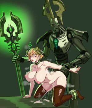 1boy 1girl android blonde_hair blue_eyes bouncing_breasts breasts commentary cum english_commentary genderswap genderswap_(mtf) glowing glowing_eyes green_theme highres holding_another's_arm large_breasts laurel_crown mind_control motion_lines necron podobrick primarch projectile_cum projectile_cumdrip roboute_guilliman saliva sex sex_from_behind silent_king staff stomach_bulge thighhighs tongue tongue_out torn_clothes torn_thighhighs twitching warhammer_40k