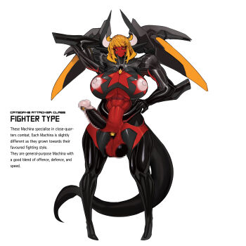 1futa abs absurdres arm_behind_head black_sclera black_thighhighs body_modification breasts censored cleavage clothing_cutout colored_sclera colored_skin corruption cyborg english_text full_body futanari hand_on_own_hip heart_cutout high_heels highres horns huge_breasts huge_penis large_testicles mechanization medium_hair mosaic_censoring navel nipples original penis platinum1945 red_skin robot robot_ears solo tail testicles thighhighs third_eye_on_chest white_background yellow_eyes