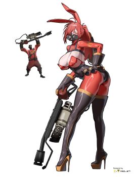 1girl absurdres animal_ears black_boots black_gloves bodysuit boots breasts cleavage flamethrower full_body genderswap genderswap_(otf) gloves grabbing_own_ass hand_on_own_ass high_heel_boots high_heels highres holding holding_flamethrower holding_weapon large_breasts latex latex_bodysuit looking_back mask nisp_art ponytail pyro_(tf2) rabbit_ears red_eyes red_hair reference_inset respirator team_fortress_2 thigh_boots weapon