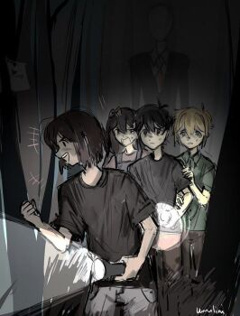 1girl 4boys alternate_costume artist_name aubrey_(faraway)_(omori) aubrey_(omori) basil_(faraway)_(omori) basil_(omori) black_eyes black_hair black_shirt black_suit blonde_hair blue_eyes blue_overalls blush bow brown_hair brown_pants collared_shirt colored_skin double-parted_bangs faceless faceless_male flashlight formal_clothes green_shirt grey_pants hair_between_eyes hair_bow hands_on_another&#039;s_arm holding holding_flashlight kel_(faraway)_(omori) kel_(omori) long_hair multiple_boys necktie omori open_mouth overalls pants paper pink_bow pink_shirt red_necktie shirt short_hair sketch slender_man smile suit sunny_(omori) t-shirt teeth tree umilini2 upper_teeth_only white_shirt white_skin