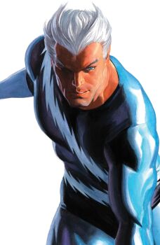 1boy absurdres alex_ross blue_bodysuit blue_eyes bodysuit comic_cover cover cover_page highres looking_at_viewer male_focus marvel muscular muscular_male official_art one_eye_in_shadow pietro_maximoff quicksilver_(marvel) realistic short_hair solo superhero_costume western_comics_(style) white_background white_hair widow's_peak x-men