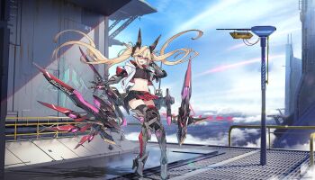 04_(artery_gear) 1girl artery_gear artist_request blonde_hair cloud glasses headgear highres jacket long_hair mechanical_arms mechanical_legs miniskirt official_alternate_costume open_mouth red-framed_eyewear red_jacket rigging sidelocks skirt solo teeth twintails two-sided_fabric two-sided_jacket upper_teeth_only very_long_hair white_jacket