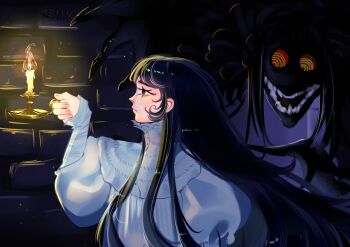 2girls absurdres black_eyes black_hair brick_wall candle chainsaw_man cogumelodejeans colored_sclera crimson_peak highres holding holding_candle long_hair mitaka_asa monster_girl multiple_girls nightgown red_sclera teeth white_nightgown yoru_(chainsaw_man)