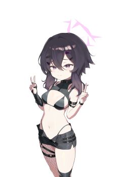 1girl armband belt black_bra black_choker black_gloves black_panties black_shorts black_thighhighs blue_archive bra bracelet breasts choker detached_collar double_v fingerless_gloves fishnet_pantyhose fishnets gloves hair_between_eyes hair_ornament hairclip halo haruka_(blue_archive) highleg highleg_panties jewelry jinra124417 multiple_rings o-ring o-ring_thigh_strap panties pantyhose purple_eyes purple_hair ring short_hair short_shorts shorts single_glove single_leg_pantyhose single_thighhigh small_breasts smile solo standing thigh_strap thighhighs torn_clothes torn_thighhighs underwear v whale_tail_(clothing) white_background
