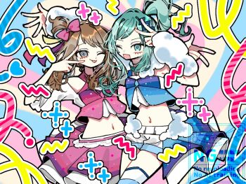 2girls :d :p aqua_eyes aqua_hair blue_shirt blue_skirt bow brown_hair crop_top fur_collar grey_shirt hair_ornament hashtag-only_commentary ino_climate lisia_(pokemon) looking_at_viewer may_(pokemon) multiple_girls navel nintendo official_alternate_costume one_eye_closed open_mouth overskirt pink_bow pink_shirt pokemon pokemon_oras red_skirt shirt shorts shorts_under_skirt side_ponytail simple_background skirt smile standing tongue tongue_out topknot upper_body v white_arm_warmers white_shorts