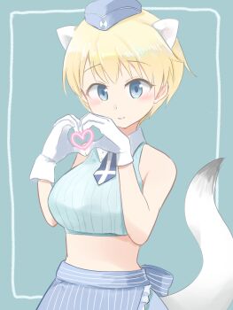 1girl alternate_costume animal_ears blonde_hair blue_background blue_eyes brave_witches breasts dress garrison_cap gloves hat heart heart_hands highres kemomimisuki large_breasts necktie nikka_edvardine_katajainen short_hair simple_background solo standing stomach tail weasel_ears weasel_girl weasel_tail white_gloves world_witches_series