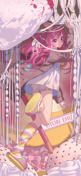 absurdres ankle_socks asymmetrical_legwear bloomers bow braid brown_bloomers brown_shorts brown_sweater commentary dress earrings english_commentary from_behind full_body hair_bow half_up_braid highres jewelry kneehighs long_hair looking_at_viewer looking_back ootori_emu pink_eyes pink_hair project_sekai rui_(rei_leyi) shorts socks star_(symbol) striped_clothes striped_socks sweater underwear white_dress