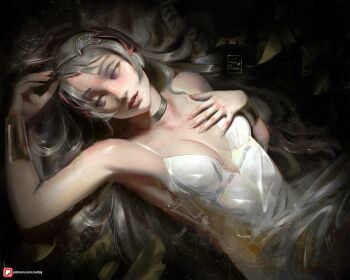 1girl artist_name breasts commentary dress dungeon_ni_deai_wo_motomeru_no_wa_machigatteiru_darou_ka english_commentary freya_(danmachi) gold_wrist_cuffs hair_ornament long_hair painterly parted_lips purple_eyes sebijy solo watermark web_address white_dress