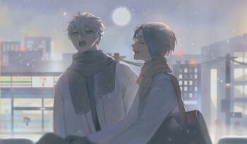 2boys bag blue_lock closed_eyes coralsynthesis highres jacket light_smile mikage_reo multiple_boys nagi_seishirou open_mouth purple_hair scarf short_hair shoulder_bag simple_background snow white_hair white_jacket winter yaoi