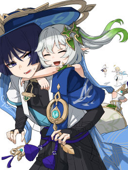 1boy 3girls ^^^ absurdres anemo_symbol_(genshin_impact) anklet arm_at_side armlet armor arms_around_neck arms_at_sides belt black_belt black_bodysuit black_bow black_cape black_hair black_shorts blonde_hair blue_cape blue_hat blue_kimono blue_rope blue_sash blue_sleeves blue_trim blunt_ends bodysuit bow bracelet cape chasing clenched_hand closed_eyes clothing_cutout covered_collarbone curled_fingers detached_sleeves dress eyelashes facing_another feathers floating flower genshin_impact gold gold_halo gold_ring green_hair green_sleeves hair_flower hair_ornament hakama hakama_shorts halo happy hat heart heart_hair_ornament highres hip_vent hug hug_from_behind japanese_armor japanese_clothes jewelry jingasa juban kimono kote kurokote layered_sleeves levitation light_blush long_hair long_sleeves looking_at_another looking_back lumine_(genshin_impact) mechanical_halo middle_ring multicolored_hair multiple_girls nahida_(genshin_impact) open_clothes open_hand open_kimono open_mouth outstretched_arm paimon_(genshin_impact) pectorals pleated_shorts pointy_ears pred_(railguns3510) puff_of_air purple_eyes romper rope sash scaramouche_(genshin_impact) scarf short_hair short_hair_with_long_locks short_sleeves shorts side_ponytail sidelocks single_thighhigh socks stirrup_footwear streaked_hair sweatdrop tassel teeth thighhighs toes wanderer_(genshin_impact) white_dress white_flower white_hair white_kimono white_romper white_scarf white_sleeves white_socks white_thighhighs white_trim wispy_bangs yellow_feathers