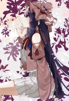 1girl absurdres clothing_cutout commentary_request dress from_side hat highres long_hair looking_to_the_side mob_cap momomo_twi patchouli_knowledge pink_hat pink_shirt purple_hair shirt shoulder_cutout sitting solo striped_clothes striped_dress touhou