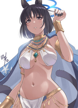1girl absurdres alternate_costume ancient_egyptian ancient_egyptian_clothes animal_ears armlet bakeneko black_hair black_nails blue_archive blue_halo blue_haori bracelet cat_ears cat_girl cat_tail commentary_request dark-skinned_female dark_skin gold gold_armlet gold_bracelet gold_collar halo haori highres if_you_want_to_become_a_godly_artist_(trend) japanese_clothes jewelry kikyou_(blue_archive) kimono_on_shoulders looking_at_viewer multiple_tails navel nikulas_cage pelvic_curtain short_hair sling_bikini_top solo stomach tail two_tails usekh_collar white_background white_loincloth