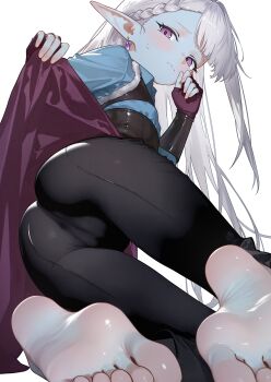 Rule 34 | 1girl, absurdres, ass, barefoot, black pants, blue shirt, blue skin, braid, breasts, closed mouth, colored skin, commentary, commission, eco 376124, fingerless gloves, gloves, highres, long hair, long sleeves, looking at viewer, original, pants, pixiv commission, pointy ears, purple eyes, shirt, simple background, small breasts, soles, solo, toes, white background, white hair, yoga pants