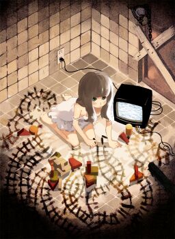 1girl bad_id bad_pixiv_id barefoot child crayon female_focus green_eyes grey_hair highres kacchuu kneeling lingerie nightgown original solo static television underwear